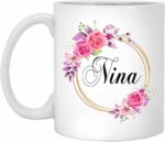 GavinsDesigns Nina Flower Novelty Coffee Mug Gift For Mother's Day - Nina Pink Flowers On Gold Frame - New Nina Mug Flower - Birthday Gifts For Nina - Nina Coffee,...