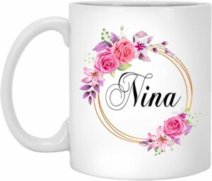 GavinsDesigns Nina Flower Novelty Coffee Mug Gift For Mother's Day - Nina Pink Flowers On Gold Frame - New Nina Mug Flower - Birthday Gifts For Nina - Nina Coffee,...