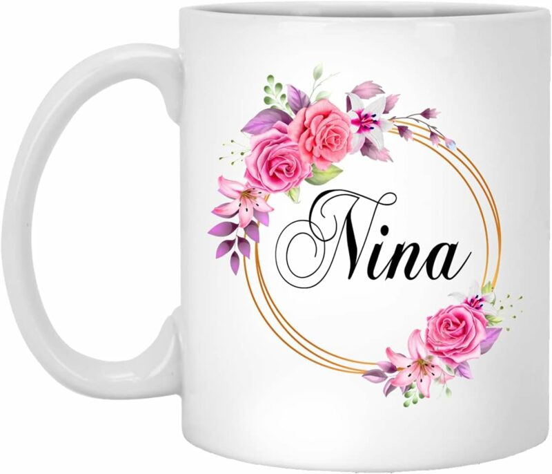 GavinsDesigns Nina Flower Novelty Coffee Mug Gift For Mother's Day - Nina Pink Flowers On Gold Frame - New Nina Mug Flower - Birthday Gifts For Nina - Nina Coffee,...