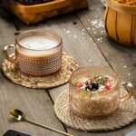 Gezzeny Vintage Coffee Mugs 14 Oz Set of 2 Amber Embossed Glass Tea Cups for Cappccino, Latte,Cereal, Yogurt, Beverage Christmas Thanksgiving Day Gifts
