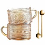 Gezzeny Vintage Coffee Mugs 14 Oz Set of 2 Amber Embossed Glass Tea Cups for Cappccino, Latte,Cereal, Yogurt, Beverage Christmas Thanksgiving Day Gifts