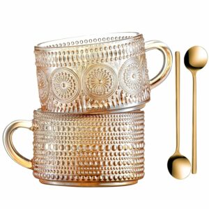 Gezzeny Vintage Coffee Mugs 14 Oz Set of 2 Amber Embossed Glass Tea Cups for Cappccino, Latte,Cereal, Yogurt, Beverage Christmas Thanksgiving Day Gifts