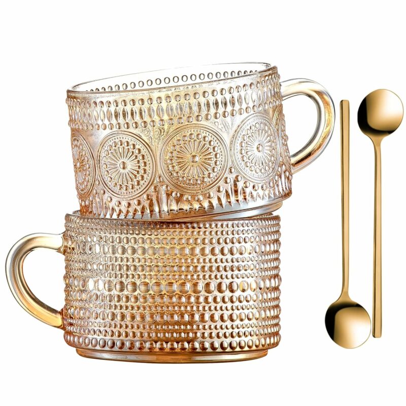 Gezzeny Vintage Coffee Mugs 14 Oz Set of 2 Amber Embossed Glass Tea Cups for Cappccino, Latte,Cereal, Yogurt, Beverage Christmas Thanksgiving Day Gifts