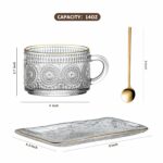 Gezzeny Vintage Coffee Mugs Set, Glass Cups Set with Saucer and Spoon, Clear Embossed Tea Breakfast Dessert Plate for Cappuccino, Latte, Cereal, Milk, Home Office Party, Golden,...