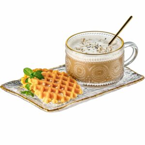 Gezzeny Vintage Coffee Mugs Set, Glass Cups Set with Saucer and Spoon, Clear Embossed Tea Breakfast Dessert Plate for Cappuccino, Latte, Cereal, Milk, Home Office Party, Golden,...