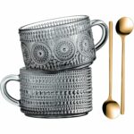 Gezzeny Vintage Glass Coffee Mugs 14 Oz Set of 2 Gray Embossed Tea Cups for Cappuccino, Latte,Cereal, Yogurt, Beverage Hot/Cold Mother's Father's Day Gifts