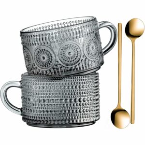 Gezzeny Vintage Glass Coffee Mugs 14 Oz Set of 2 Gray Embossed Tea Cups for Cappuccino, Latte,Cereal, Yogurt, Beverage Hot/Cold Mother's Father's Day Gifts