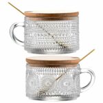 Gezzeny Vintage Glass Coffee Mugs with Wooden Lids 14 Oz Set of 2 Embossed Tea Cups for Cappuccino, Latte,Cereal, Beverage Christmas Thanksgiving Day Gifts