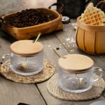 Gezzeny Vintage Glass Coffee Mugs with Wooden Lids 14 Oz Set of 2 Embossed Tea Cups for Cappuccino, Latte,Cereal, Beverage Christmas Thanksgiving Day Gifts