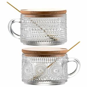Gezzeny Vintage Glass Coffee Mugs with Wooden Lids 14 Oz Set of 2 Embossed Tea Cups for Cappuccino, Latte,Cereal, Beverage Christmas Thanksgiving Day Gifts