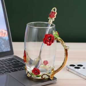 Glass Coffee Enamels Mug Best Birthday Gifts for Mom roseflower Lead-free Glass Coffee Mugs Tea Cup with Steel Spoon,Gifts for Women Wife Mum Teacher Friends Valentines...