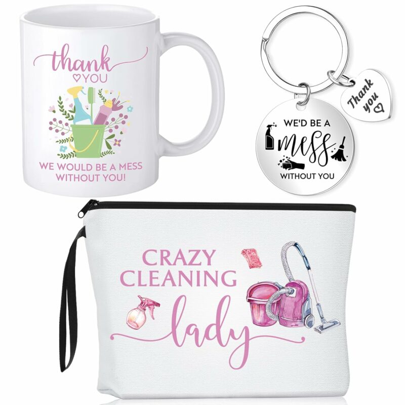 Havawish 3 Pcs Housekeeping Gifts Cleaning Bags for Housekeepers Cleaning Makeup Bag Thank You Coffee Mug 11 oz Novelty Mug Housekeeping Appreciation Keychains