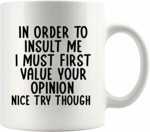 In Order To Insult Me I Must First Value Your Opinion Sarcastic Gifts to Friends Coworkers Sarcasm Novelty DrinkwareCeramic Mug 11 oz White