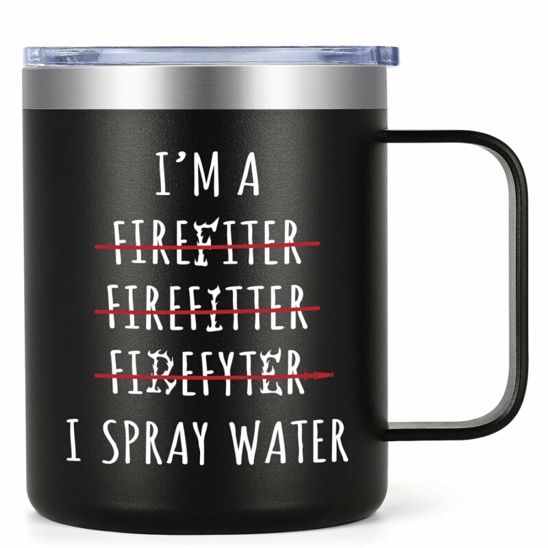 Lifecapido Firefighter Stainless Steel Coffee Mug - 12oz, Black - Birthday, Christmas, Father's Day Gifts for Men, Fireman, Dad, Husband, Grandpa, Friends