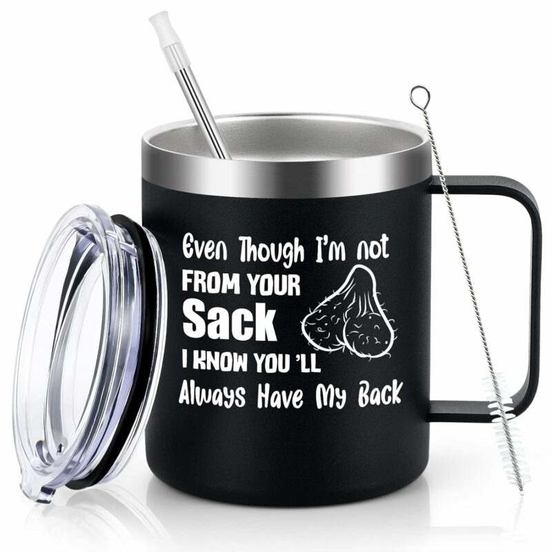 Lifecapido Step Dad Gifts, Even though I'm Not From Your Sack 12 oz Stainless Steel Coffee Mug with Handle, Father's Day Birthday Christmas Gifts for Step Dad Bonus Dad from...