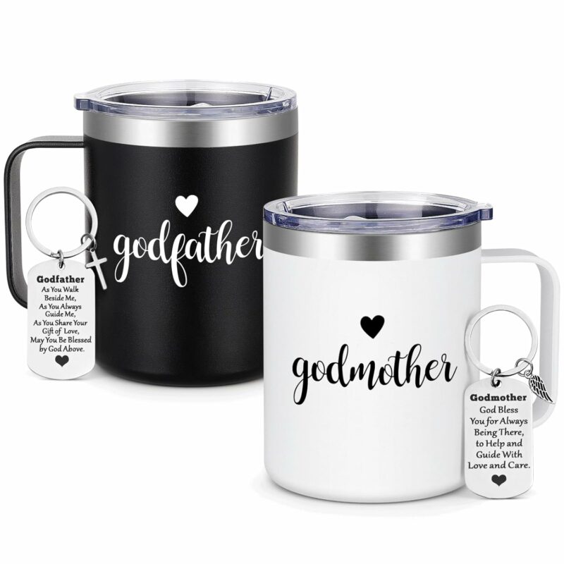 LiqCool Godparents Proposal Gift, Godmother & Godfather Mug Set with Keychain, Godparents Gift for Godmother Godfather, Will You be My Godparents Proposal, Christmas Baptism 12...