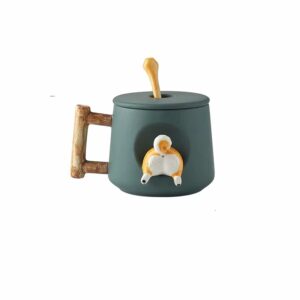 Lovely Couple Cup, Ceramic Mug with Lid&spoon, Novel 3d Chaigou Shape Suitable for Valentine's Day, Mother's Day, Birthday Party, Office Gift (Green Tail), normal, White