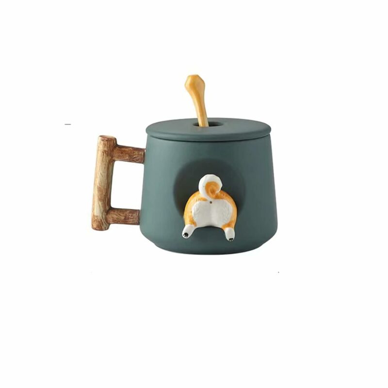 Lovely Couple Cup, Ceramic Mug with Lid&spoon, Novel 3d Chaigou Shape Suitable for Valentine's Day, Mother's Day, Birthday Party, Office Gift (Green Tail), normal, White