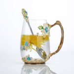 Luka Tech Enamel Butterfly flower Glass Mug with Spoon, Gifts For Women Wife Mom Friends Birthday Mothers Valentines Day Christmas (Blue-Tal)