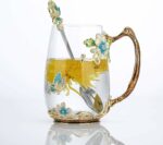 Luka Tech Enamel Butterfly flower Glass Mug with Spoon, Gifts For Women Wife Mom Friends Birthday Mothers Valentines Day Christmas (Blue-Tal)