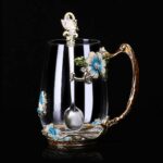 Luka Tech Enamel Butterfly flower Glass Mug with Spoon, Gifts For Women Wife Mom Friends Birthday Mothers Valentines Day Christmas (Blue-Tal)