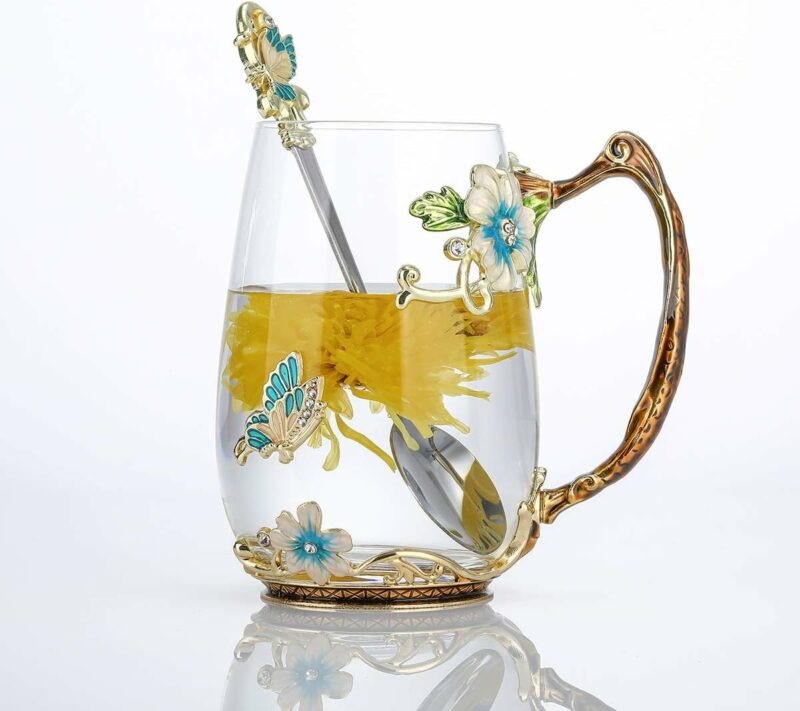 Luka Tech Enamel Butterfly flower Glass Mug with Spoon, Gifts For Women Wife Mom Friends Birthday Mothers Valentines Day Christmas (Blue-Tal)
