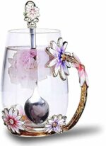 Luka Tech Enamel flower Lead-free Glass Coffee Mugs Tea Cup with Steel Spoon, Best Birthday Gifts For Women Wife Mom Friends Mothers Valentines Day Christmas