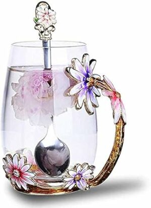 Luka Tech Enamel flower Lead-free Glass Coffee Mugs Tea Cup with Steel Spoon, Best Birthday Gifts For Women Wife Mom Friends Mothers Valentines Day Christmas
