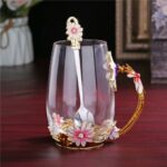 Luka Tech Enamel flower Lead-free Glass Coffee Mugs Tea Cup with Steel Spoon, Best Birthday Gifts For Women Wife Mom Friends Mothers Valentines Day Christmas