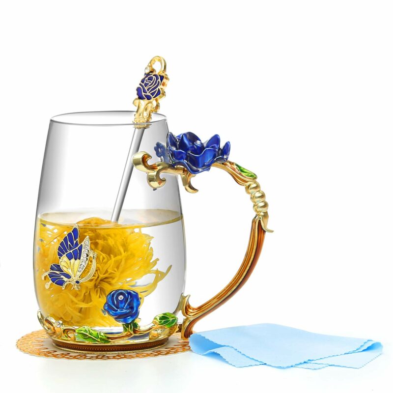 Luka Tech Enamels Butterfly flower Lead-free Glass Coffee Mugs Tea Cup with Steel Spoon, personalised Gifts For Women Wife Mom Friends Birthday Mothers Valentines Day Wedding...