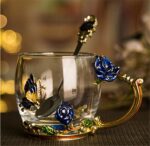 Luka Tech Enamels Butterfly flower Lead-free Glass Coffee Mugs Tea Cup with Steel Spoon, personalised Gifts For Women Wife Mom Friends Birthday Mothers Valentines Day Wedding...