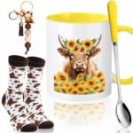 Pickmesh 4 Pcs Highland Cow Coffee Mug Gifts Set Include 11 oz Highland Cow Cup Spoon Keychain Socks for Women man Graduation Birthday Mother's Day Gifts Set(Sunflower)