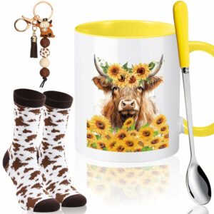 Pickmesh 4 Pcs Highland Cow Coffee Mug Gifts Set Include 11 oz Highland Cow Cup Spoon Keychain Socks for Women man Graduation Birthday Mother's Day Gifts Set(Sunflower)