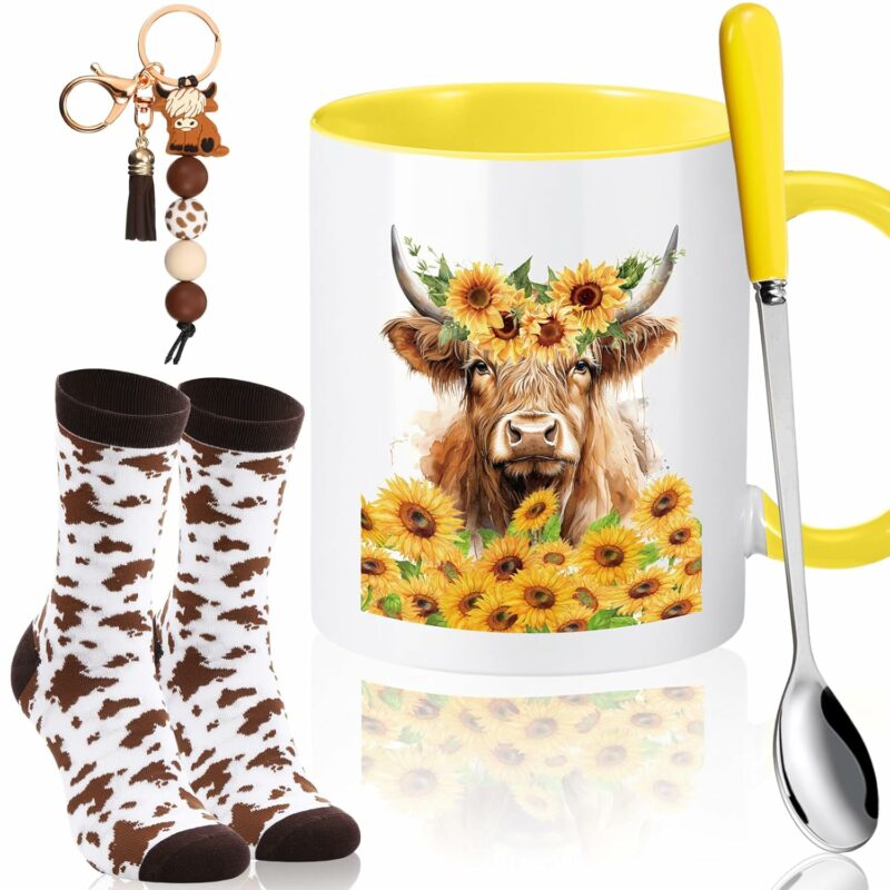 Pickmesh 4 Pcs Highland Cow Coffee Mug Gifts Set Include 11 oz Highland Cow Cup Spoon Keychain Socks for Women man Graduation Birthday Mother's Day Gifts Set(Sunflower)