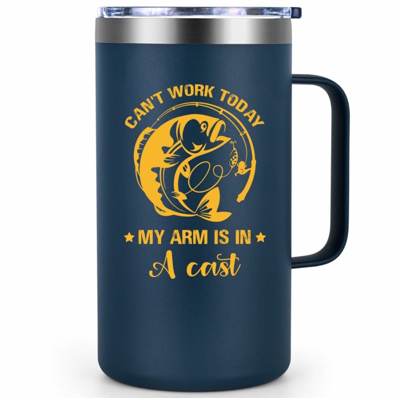 Qtencas Fishing Gifts for Men, I Can't Work Today My Arm is in A Cast, 20oz Insulated Stainless Steel Coffee Mug for Dad Papa Grandpa Fishing Lover on Birthday Father's Day...