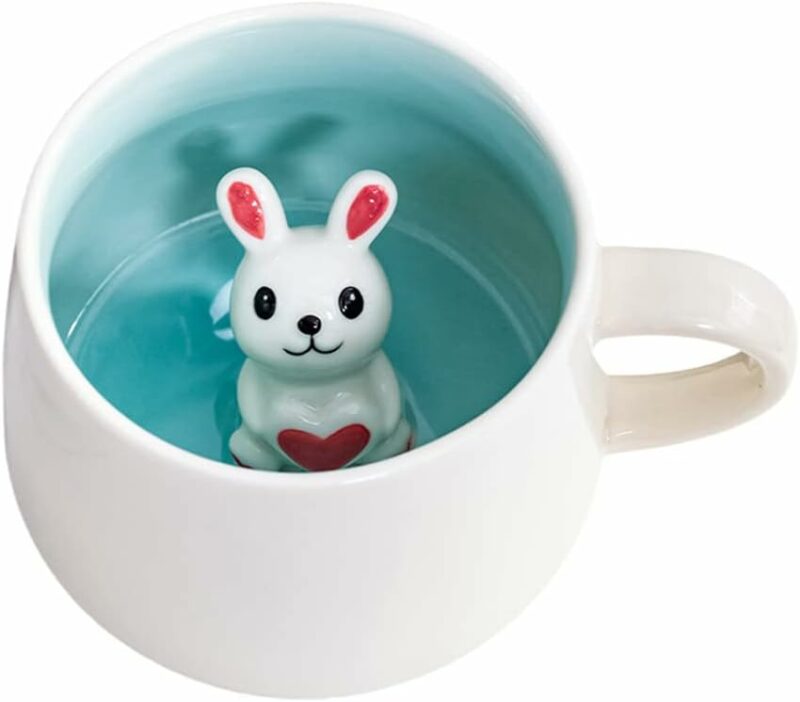 Rabbit Mug Animal Inside Mug 3D Ceramic Coffee Mug 12oz Coffee Cup Handmade Animal Figurine Holiday and Birthday Gift(Rabbit)