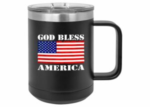 Rogue River Tactical USA American Flag God Bless America Heavy Duty Stainless Steel Black Coffee Mug Tumbler With Lid Novelty Cup Great Gift Idea