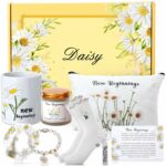 Skylety 9 Pcs New Beginnings Themed Box Gift for Women Daisy Gift Basket For Coworker Daisy Mug Candle Keychain Bracelet Box Job Leaving Going Away Congratulation Farewell Goodbye