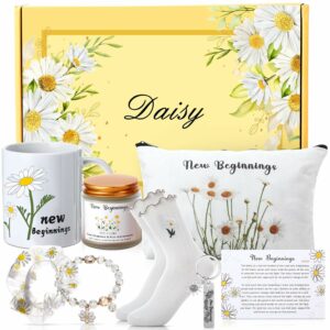 Skylety 9 Pcs New Beginnings Themed Box Gift for Women Daisy Gift Basket For Coworker Daisy Mug Candle Keychain Bracelet Box Job Leaving Going Away Congratulation Farewell Goodbye