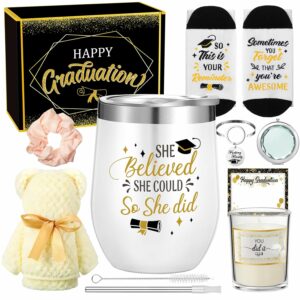 Teling Graduation Gifts for Her Graduation Gift Basket Set Includes Coffee Mug, Bracelet, Keychain, Candle, Towel, Socks, Scrunchie, Mirror Candle Card for Senior College...