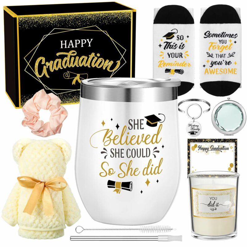 Teling Graduation Gifts for Her Graduation Gift Basket Set Includes Coffee Mug, Bracelet, Keychain, Candle, Towel, Socks, Scrunchie, Mirror Candle Card for Senior College...