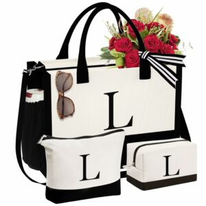 YOOLIFE Initial Canvas Tote Bag & Makeup Bag, Personalized Birthday Gifts for Women Mom Daughter Sister Friends Teacher, Bridesmaid Wedding Gifts