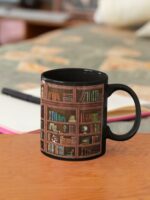 2IMT Library Bookshelf Mugs for Readers - Librarian Club Cup Bookish Items Bookworm Coffee Mug Gifts for Book Lovers Black 11oz