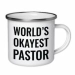 Andaz Press 11oz. Stainless Steel Campfire Coffee Mug Gag Gift, World's Okayest Pastor, 1-Pack, Enamel Metal Camping Camp Cup Pastor Mug, Includes Gift Box Youth Pastor Gifts...
