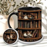 Bookshelf Gift - Cat Bookshelf Mug - Gifts For Women - Unique Christmas Gift For Book Lover, Reader, Librarian, Writer - Birthday Gift Idea For Cat Lover, Owner Cat - Black...