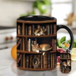 Bookshelf Gift - Cat Bookshelf Mug - Gifts For Women - Unique Christmas Gift For Book Lover, Reader, Librarian, Writer - Birthday Gift Idea For Cat Lover, Owner Cat - Black...
