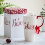 Christmas Ceramic Mug Porcelain Coffee Cup with Tritan Lid and Box,17 oz Bell Decorated (Believe)