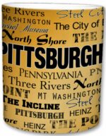 City of Pittsburgh Inspired Mug, Ceramic Coffee Cup, Printed Text Theme, Pennsylvania Pride, Area Landmarks, Black & Yellow Detail, Yellow Accent, Great Novelty Gifts 11 Fl Oz