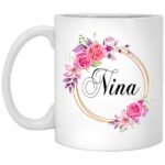 GavinsDesigns Nina Flower Novelty Coffee Mug Gift For Mother's Day - Nina Pink Flowers On Gold Frame - New Nina Mug Flower - Birthday Gifts For Nina - Nina Coffee,...