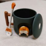 Lovely Couple Cup, Ceramic Mug with Lid&spoon, Novel 3d Chaigou Shape Suitable for Valentine's Day, Mother's Day, Birthday Party, Office Gift (Green Tail), normal, White